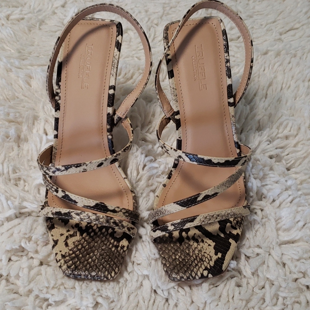 Truffle Snake Cross Strap Back Heels, Natural, Sz 5